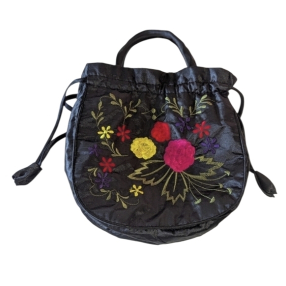 Vintage Handbags - Vintage Embroidered Satin Mini Bag Black Beijing Souvenir Floral Drawstring